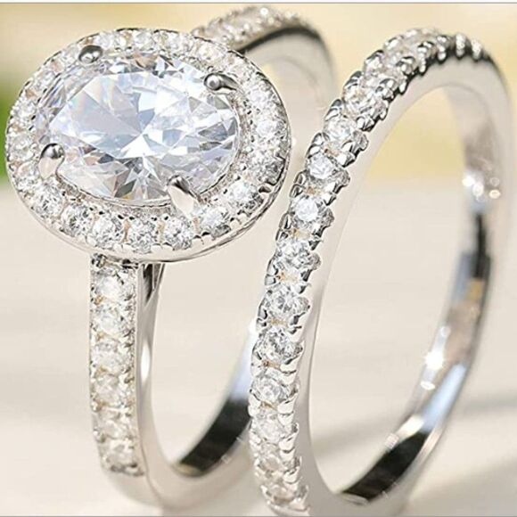 18K Rose Gold .925 Sterling Silver and Diamond Cubic Zirconia Wedding Band Set - Picture 7 of 7